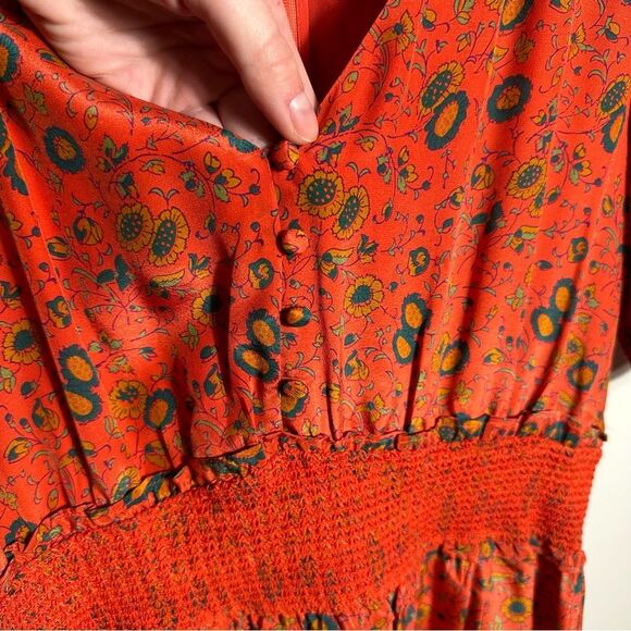 Sezane Sixtine Orange Floral Silk Boho Smocked Mini Dress European Size 40 - Picture 12 of 16